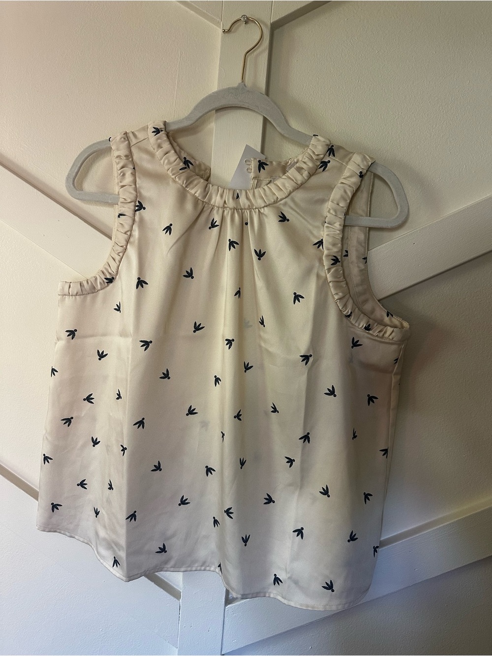 LOFT Cream Tank Top with Navy Bird Print